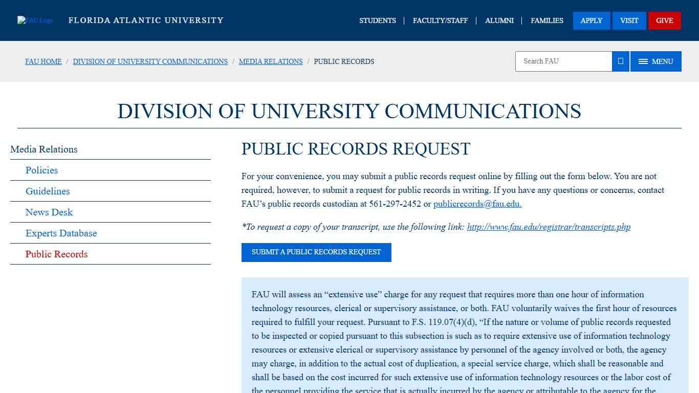 Public Records Florida Atlantic University
